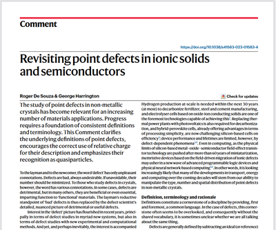 Publication at Nature Materials "Revisiting point defects in ionic solids and semiconductors" 29.06.2023